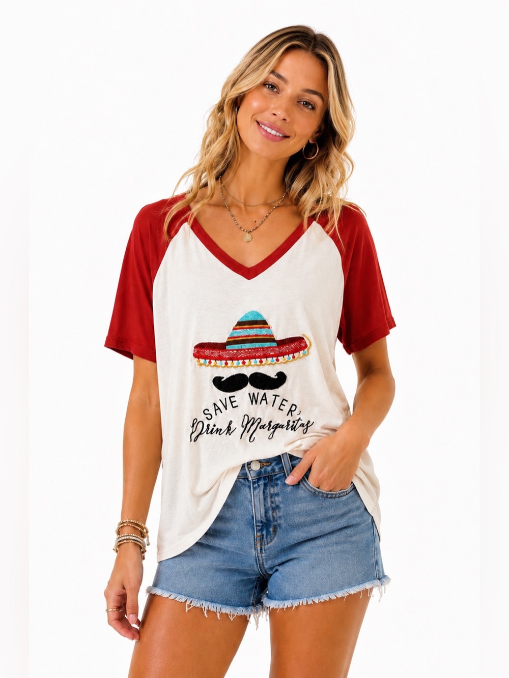 Judith March Save Water Drink Margaritas Graphic Raglan Tee Large Vacation Boho